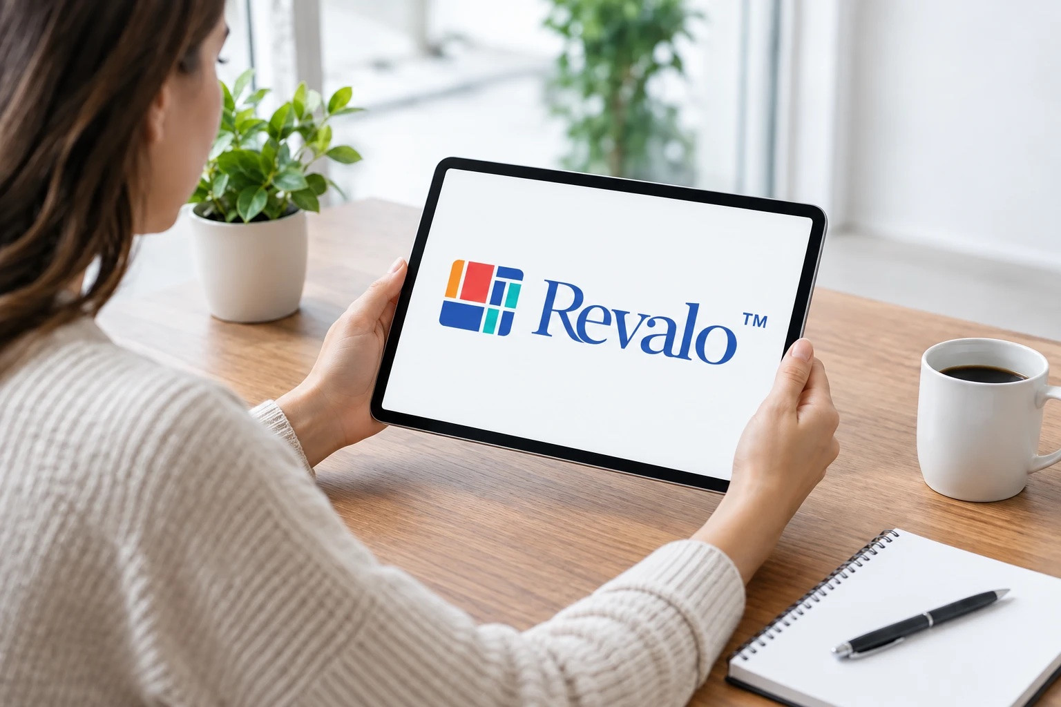 Person holding a tablet displaying the Revalo logo at a desk